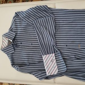 Thomas Dean Long Sleeve Blue Striped Dress Shirt Medium